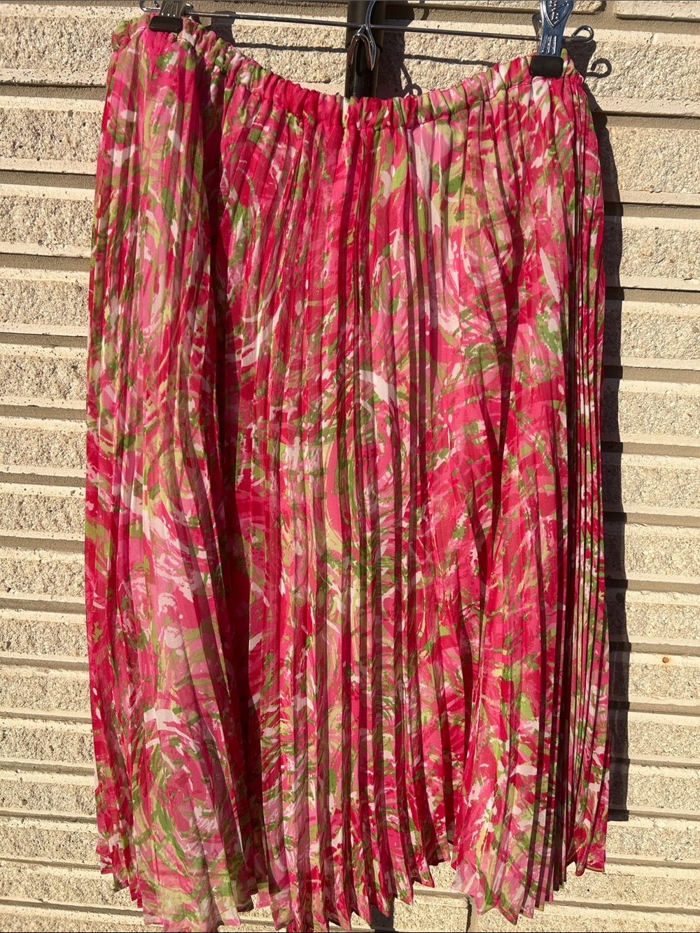 Ruby Rd. Pink & Lime Green Abstract Watercolor Pleated Midi Skirt